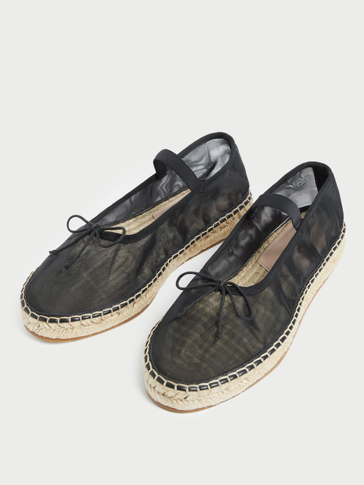 Black Almond-Toe Elastic Bridge Strap Mesh Bow Espadrille Ballet Flats