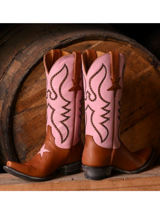 Contrast Brown And Light Pink Snip-Toe Studded Star Inlay Wide Mid Calf Cowgirl Boots