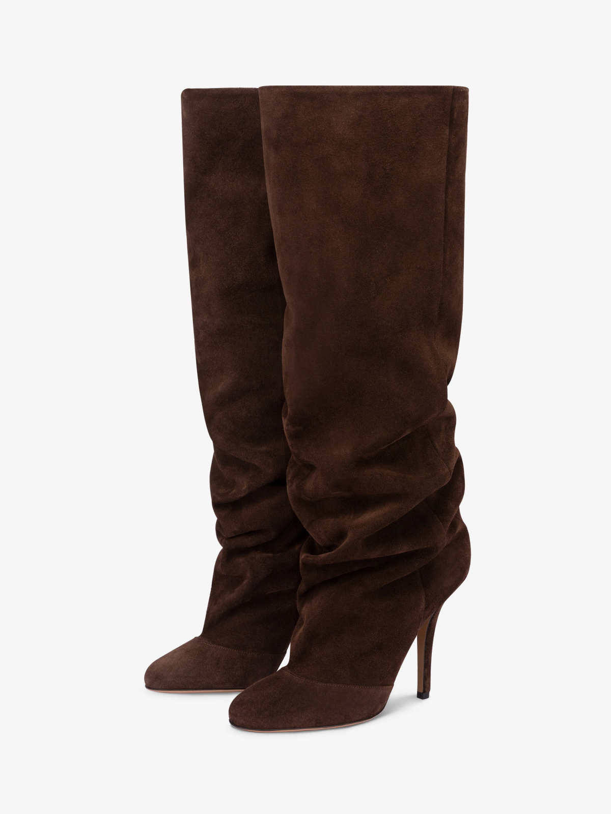 Brown Faux Suede Round-Toe Light Slouchy Wide Calf Knee High Stiletto Boots