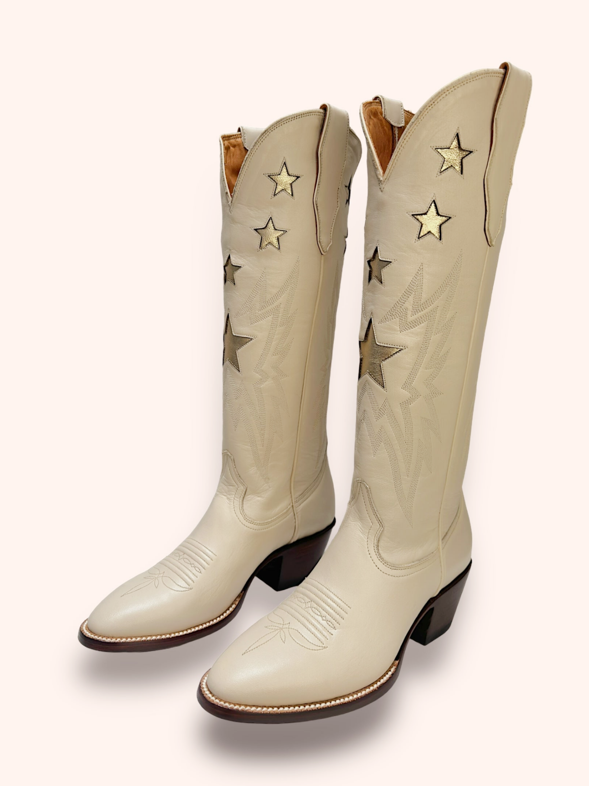 Metallic Star Inaly Embroidery Almond-Toe Wide Mid Calf Tall Cowgirl Boots - Bone