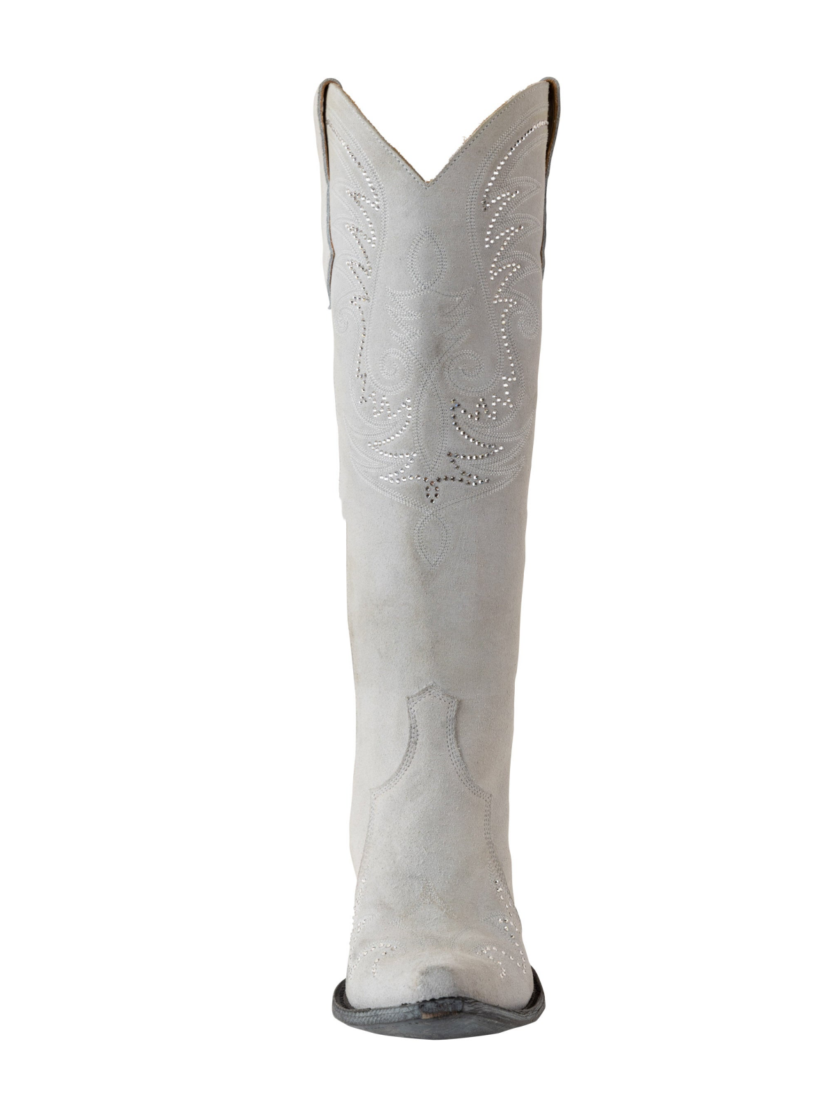 Light Gray Faux Suede Embroidery Rhinestone Snip-Toe Wide Calf Knee High Tall Cowgirl Boots