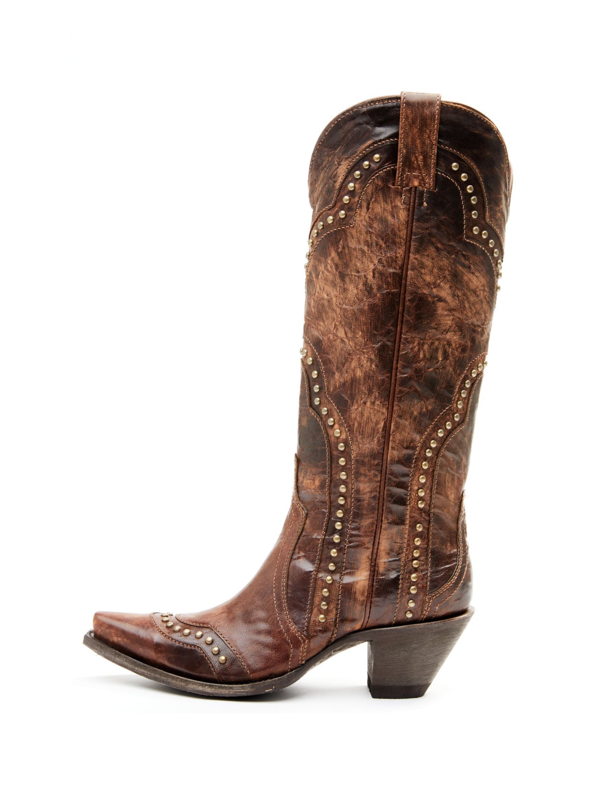 Brown Distressed Stitch Studded Snip-Toe Wide Mid Calf Cowgirl Tall Boots