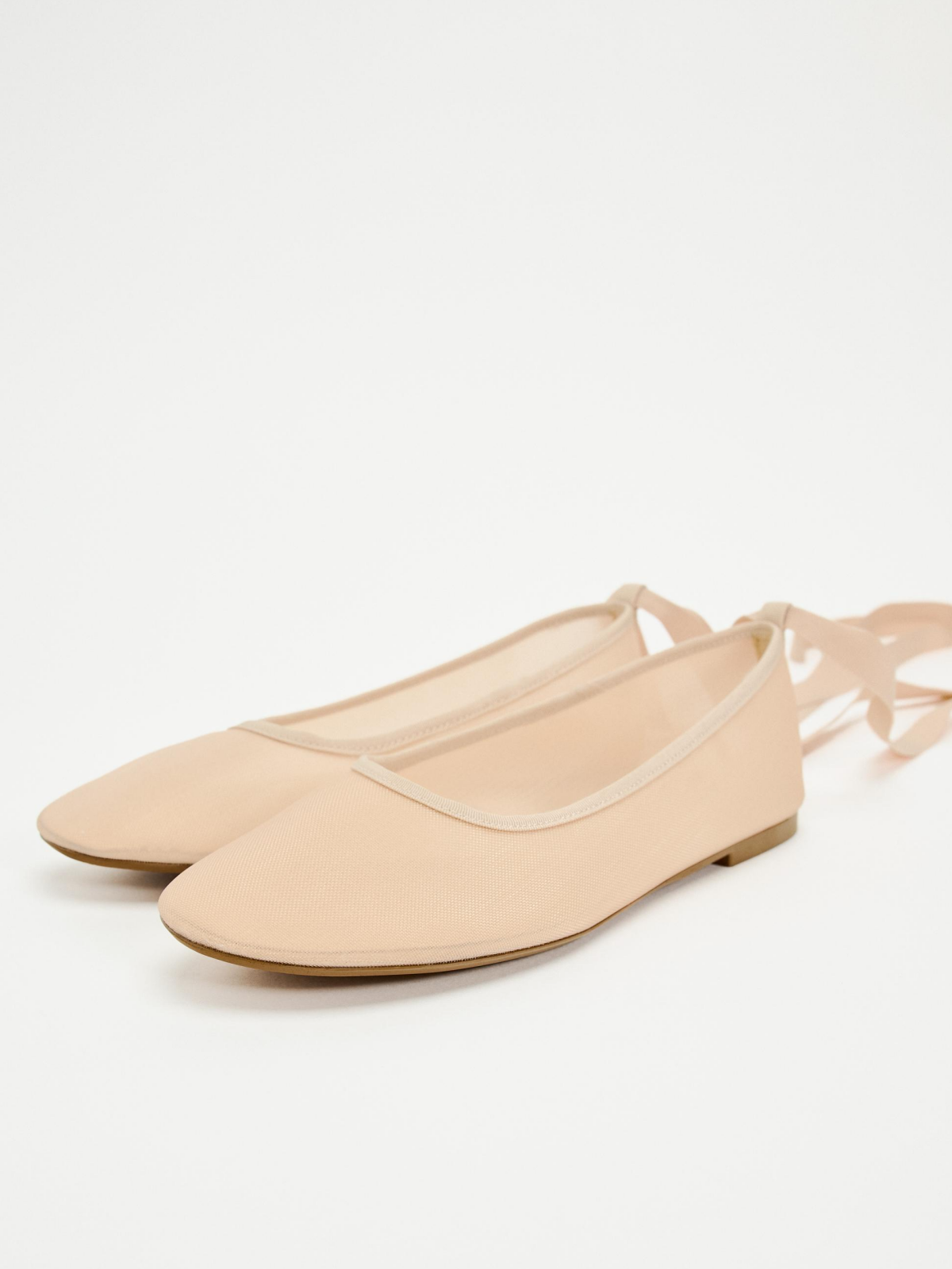 Beige Semi-Transparent Mesh Ballet Flats With Ankle Wrap Strap