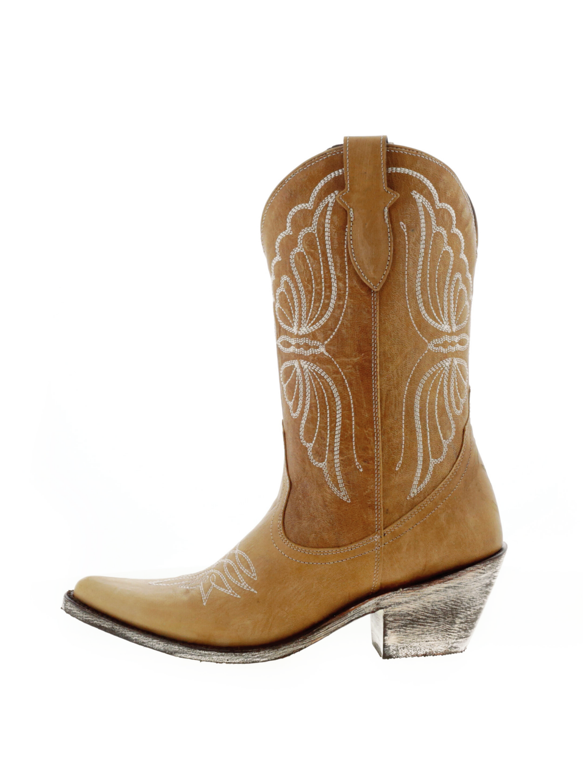 Butterfly Embroidery Almond-Toe Wide Mid Calf Cowgirl Boots - Tan