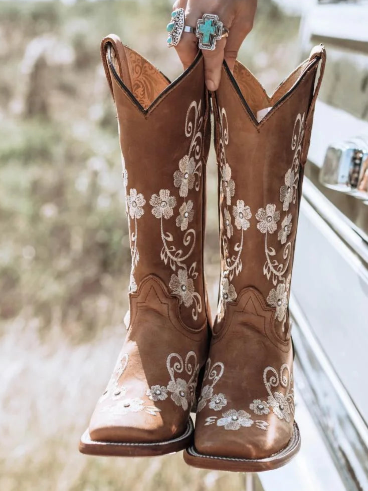 Brown Floral Embroidery Rhinestone Square-Toe Wide Mid Calf Cowgirl Boots