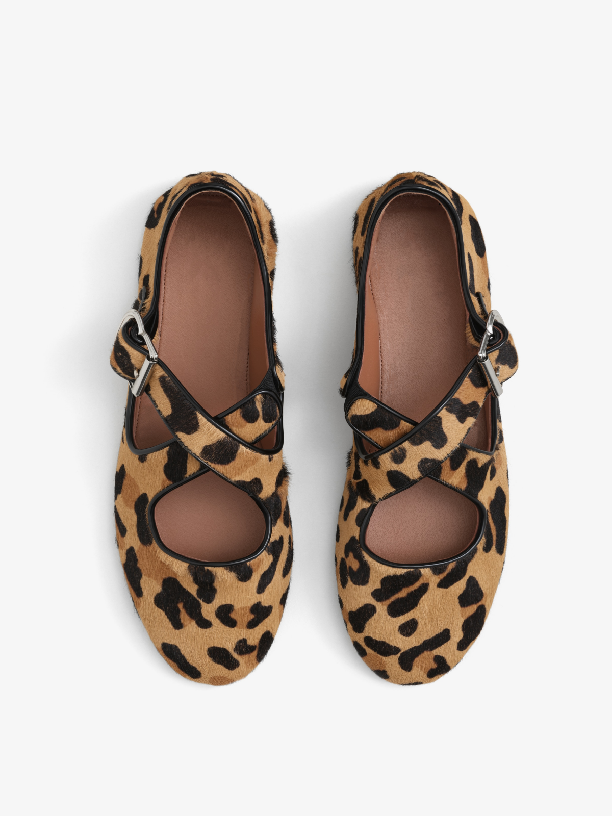 Brown Faux Leopard-Print Pony Hair Round-Toe Cross Buckle Straps Ballet Flats