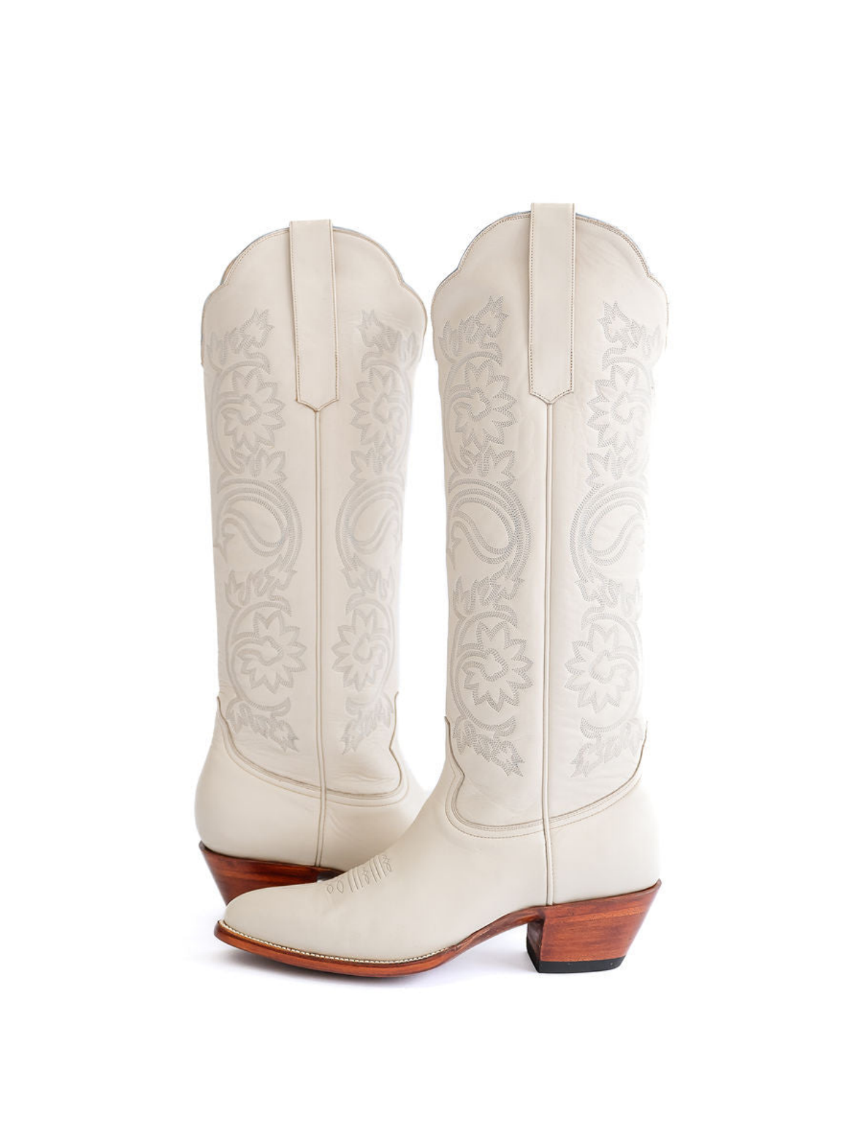 White Floral Embroidery Almond-Toe Wide Calf Cowgirl Boots Knee High Tall Boots