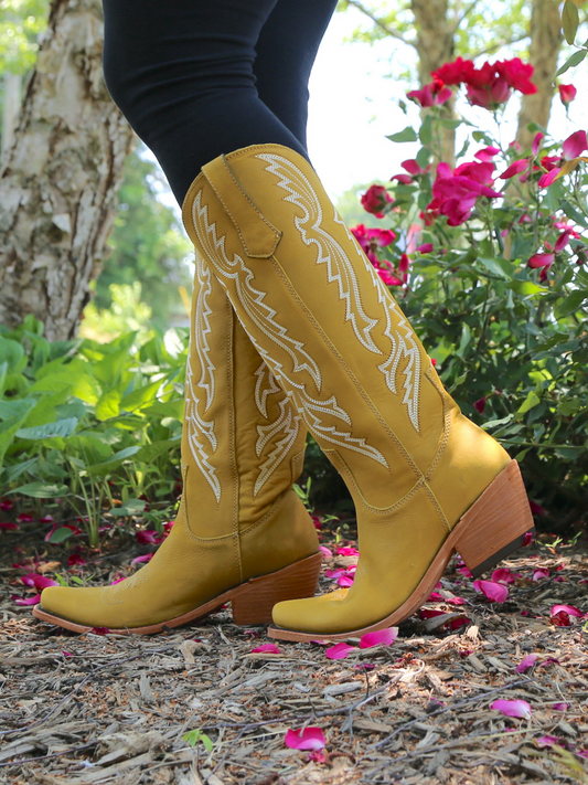 Star And Feather Embroidery Snip-Toe Wide Calf Tall Knee High Cowgirl Boots - Yellow