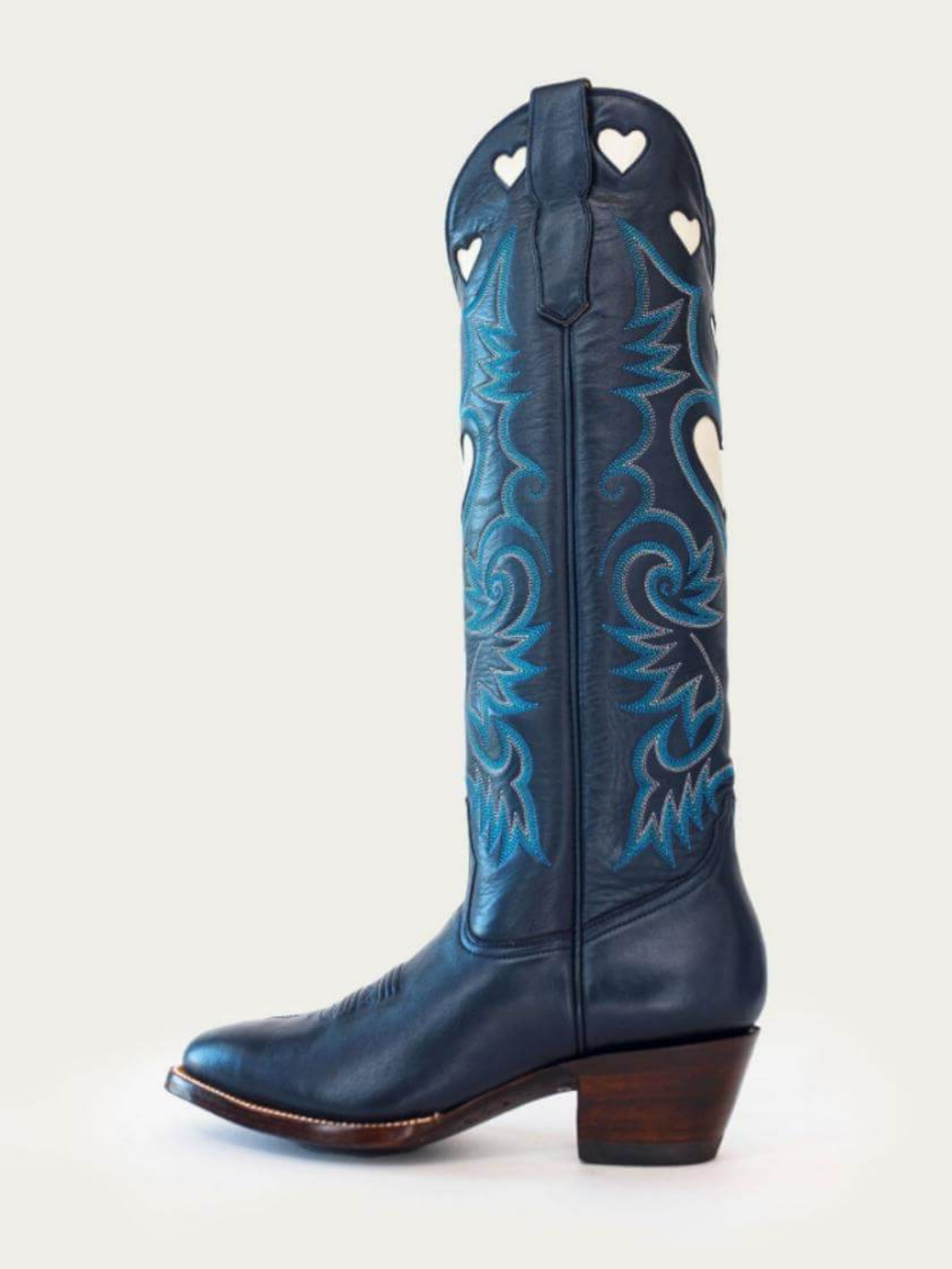 Ivory Heart Inlay Embroidery Almond-Toe Tall Wide Mid Calf Cowgirl Boots - Navy Blue