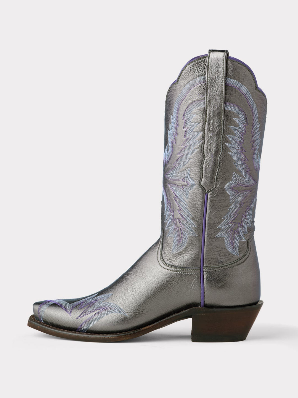 Metallic Pewter Snip-Toe Embroidery Wide Mid Calf Tall Cowgirl Boots