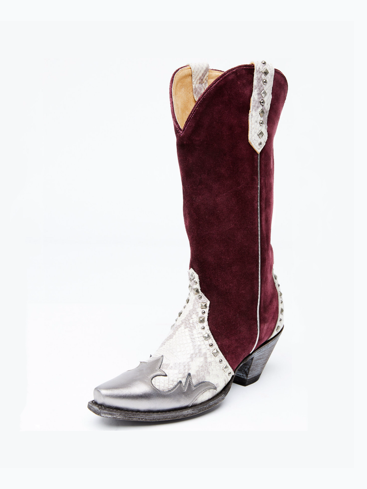 Contrast Snakeskin And Wine Red Faux Suede Studded Applique Snip-Toe Wide Mid Calf Cowgirl Boots