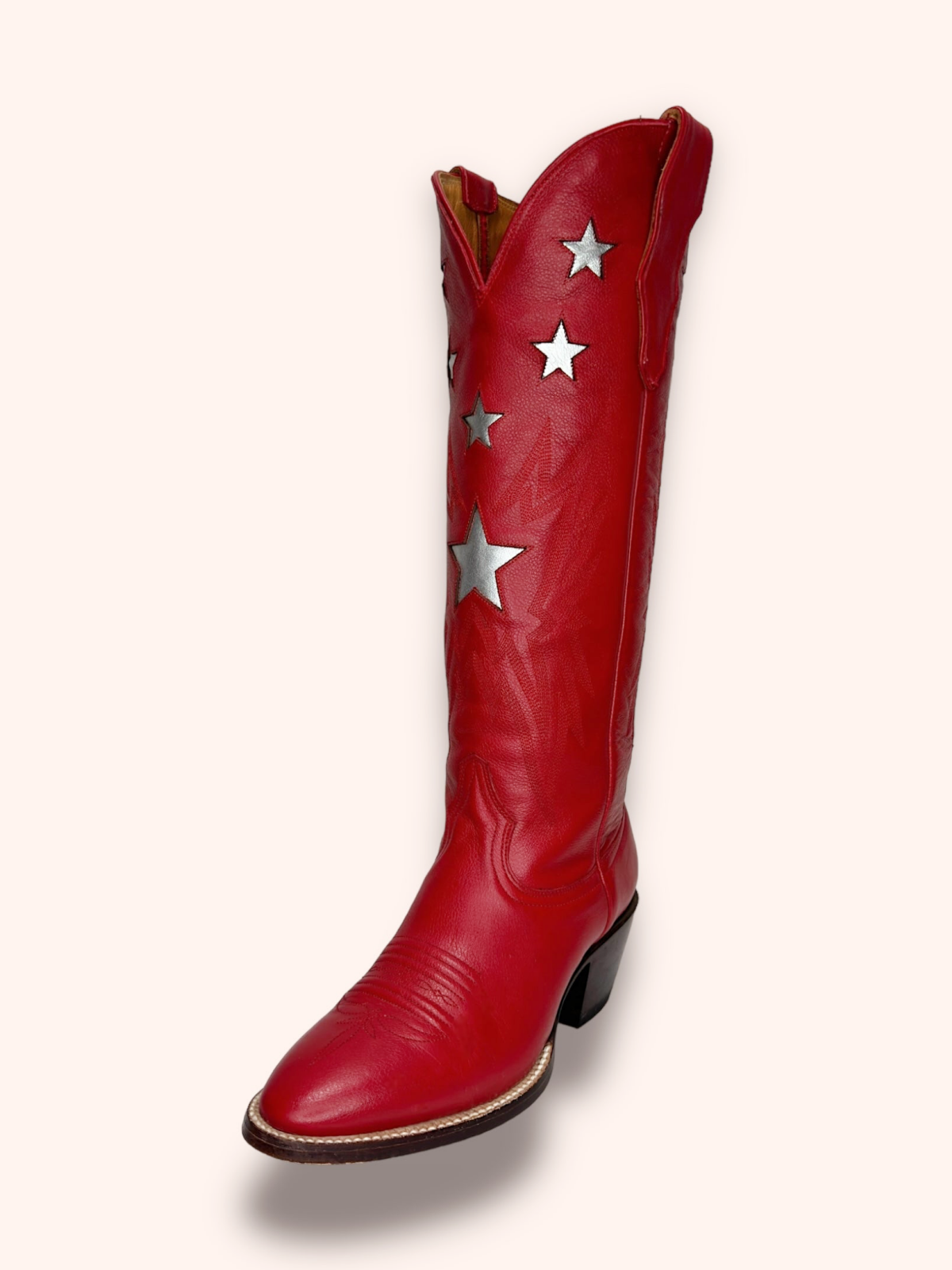 Metallic Star Inaly Embroidery Almond-Toe Wide Mid Calf Tall Cowgirl Boots - Red