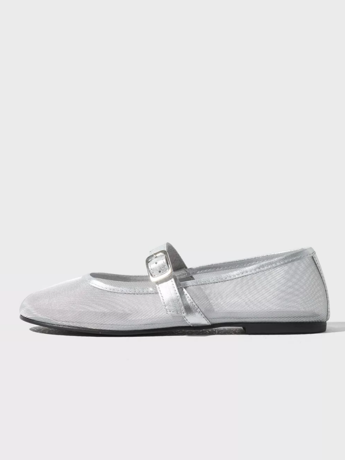 Metallic Silver Mesh Round-Toe Ballerinas Flats Buckled Mary Janes