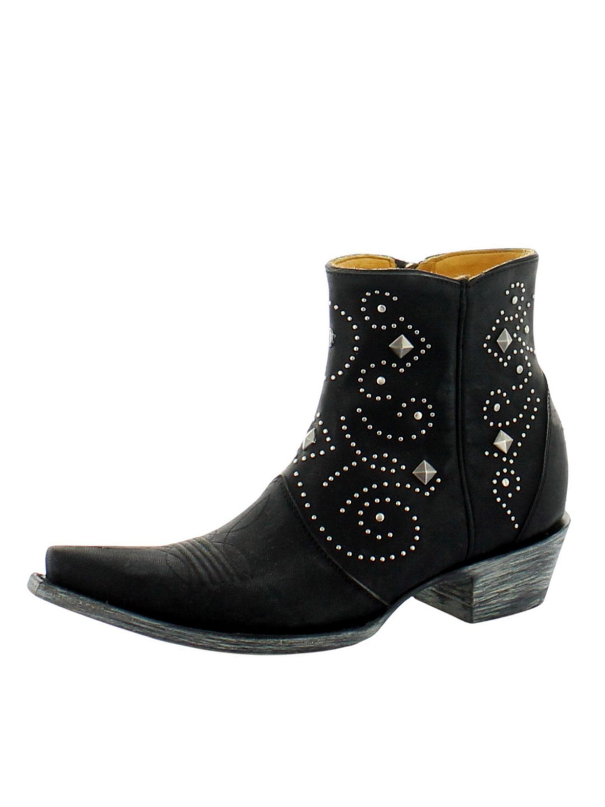 Black Snip-Toe Studded Full-Zip Short Mid Calf Cowgirl Boots