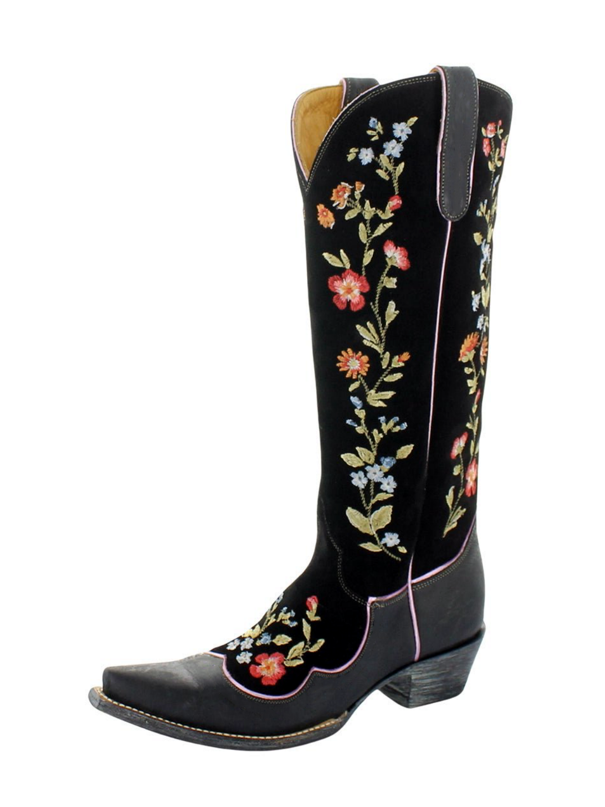 Black Contrast Vegan Leather And Faux Suede With Colorful Floral Embroidery Wide Mid Calf Cowgirl Boots