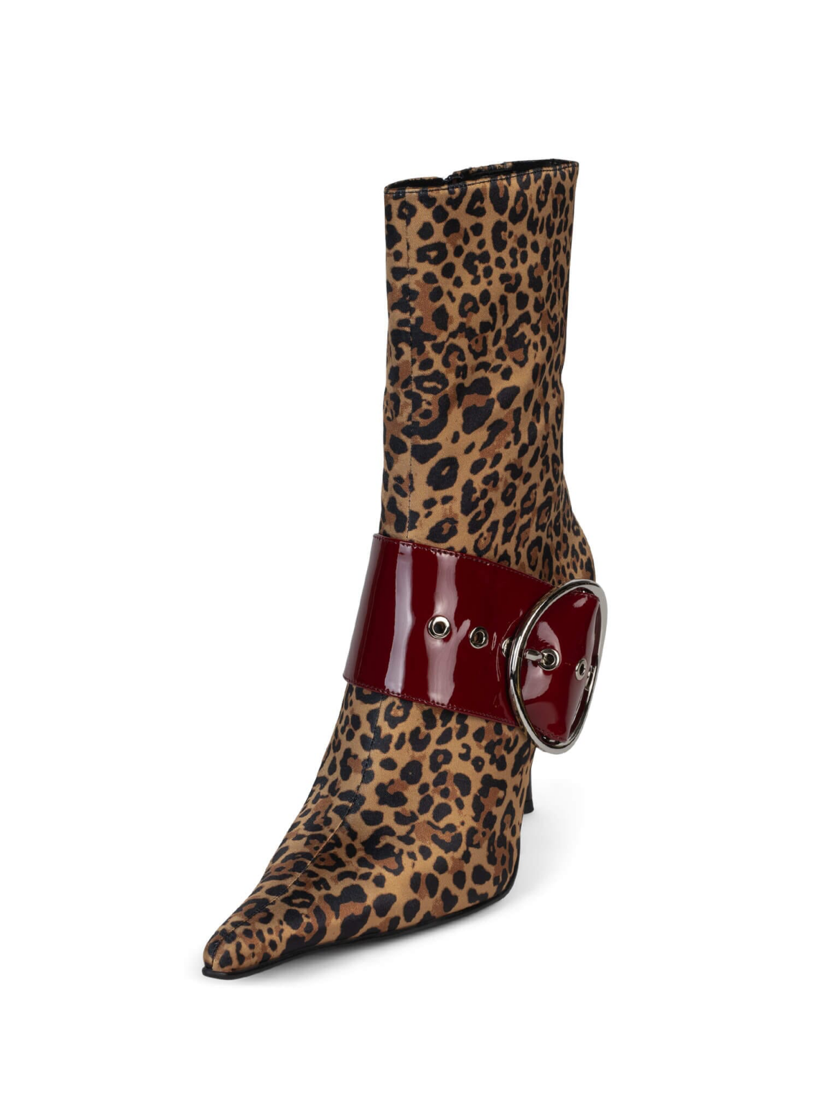 Leopard Fabric Pointed-Toe Full-Zip Mid Calf Stiletto Boots With Oversized Buckle