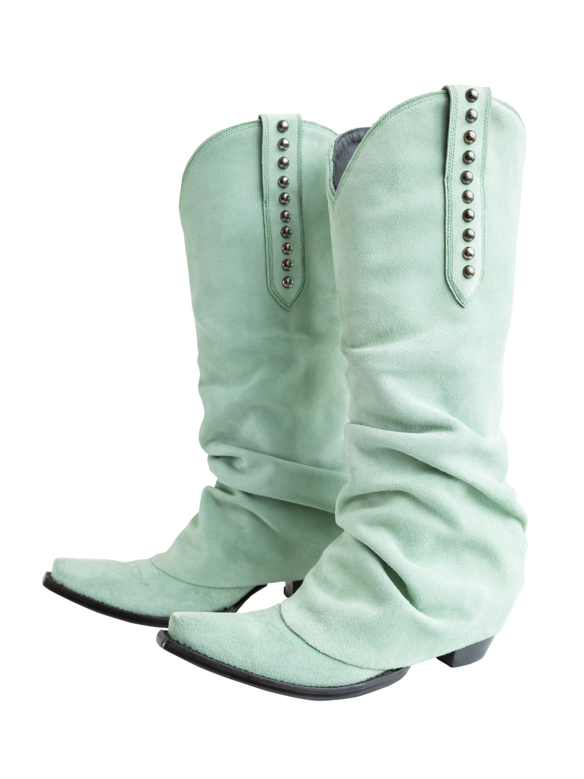 Light Green Faux Suede Snip-Toe Studded Tall Wide Mid Calf Fold-Over Slouch Cowgirl Boots