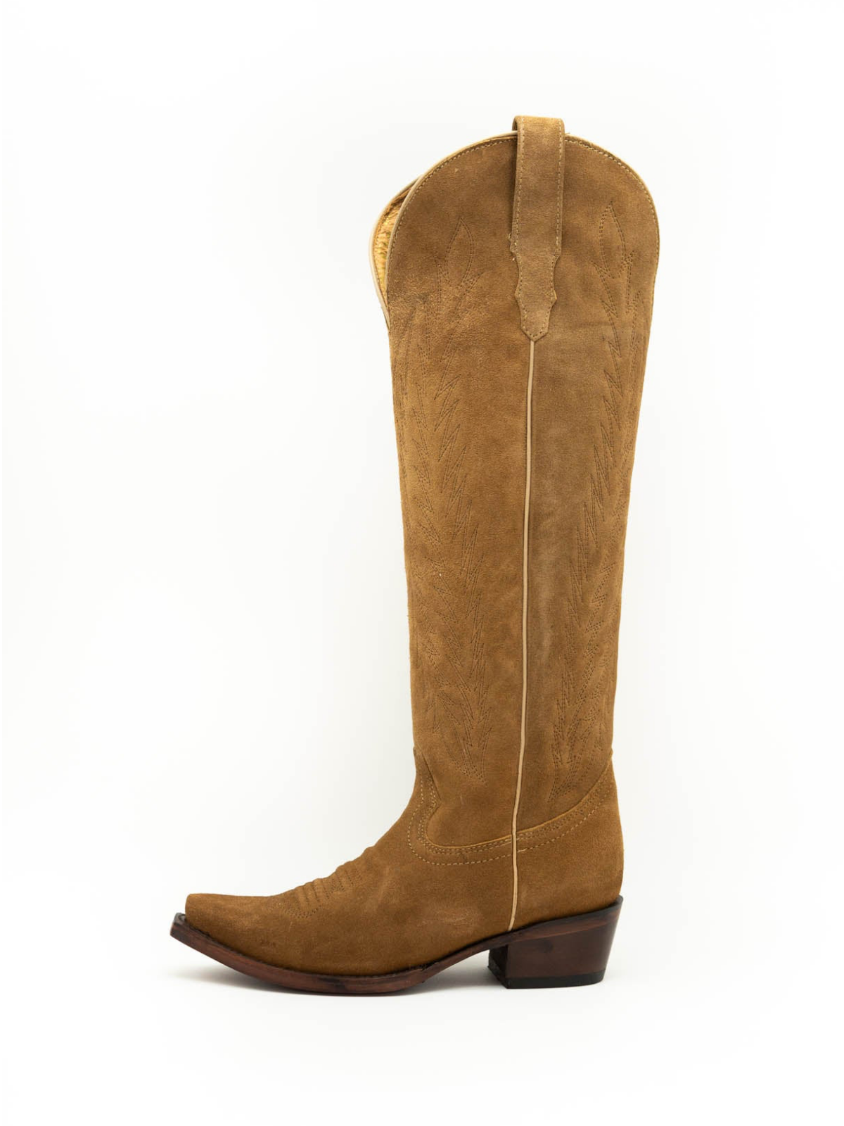 Faux Suede Snip-Toe Half-Zip Embroidery Knee High Tall Cowgirl Boots - Caramel