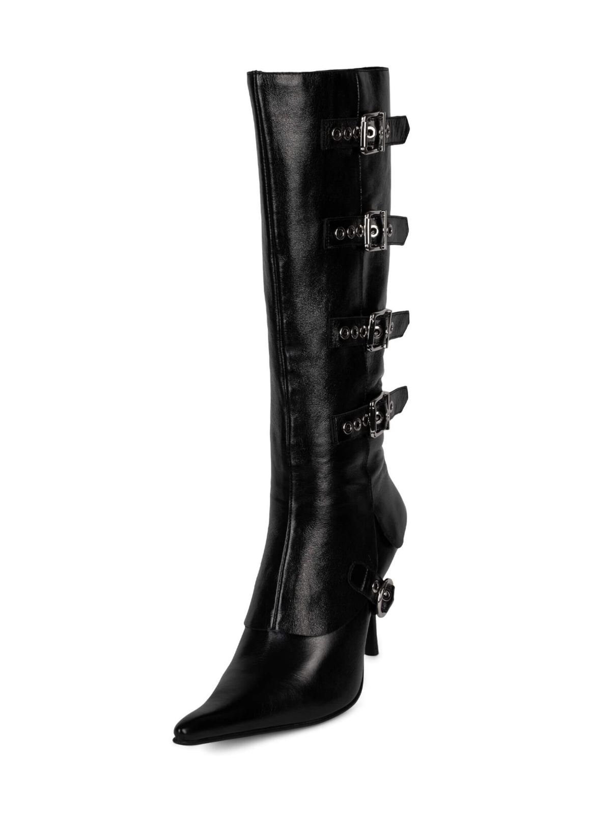 Black Pointed-Toe Full-Zip Mid Calf Stiletto Boots With Buckles