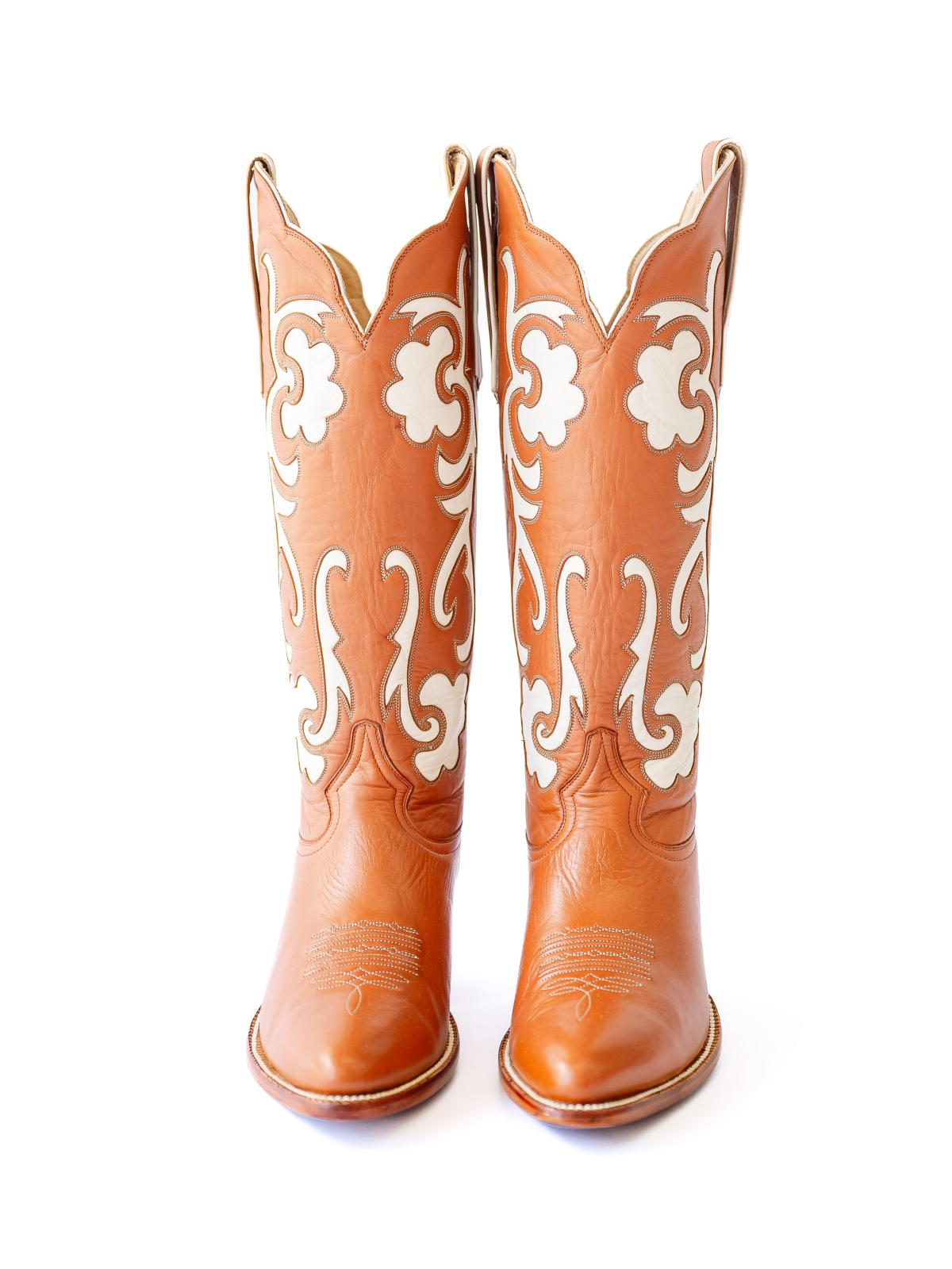 Orange Almond-Toe White Inlay Wide Mid Calf Tall Cowgirl Boots