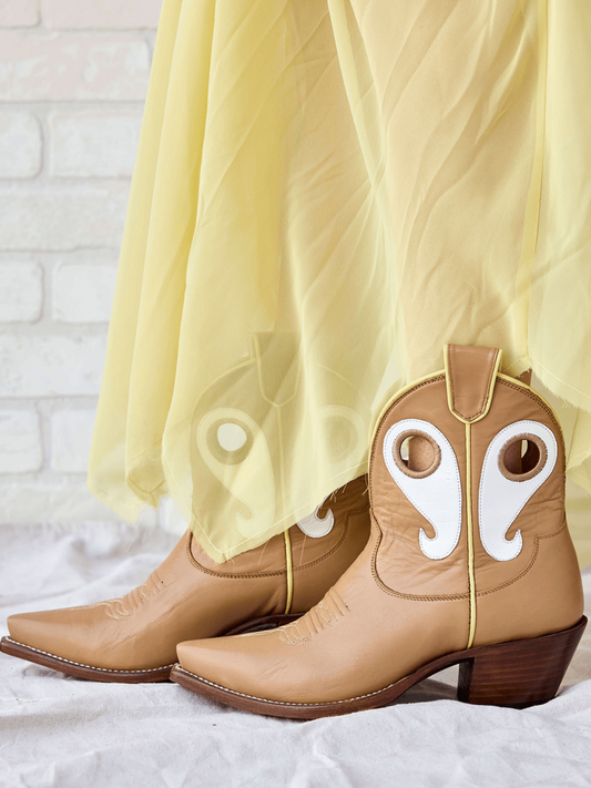 Contrast Tan And White Vegan Leather Cutout Snip-Toe Cowgirl Ankle Booties