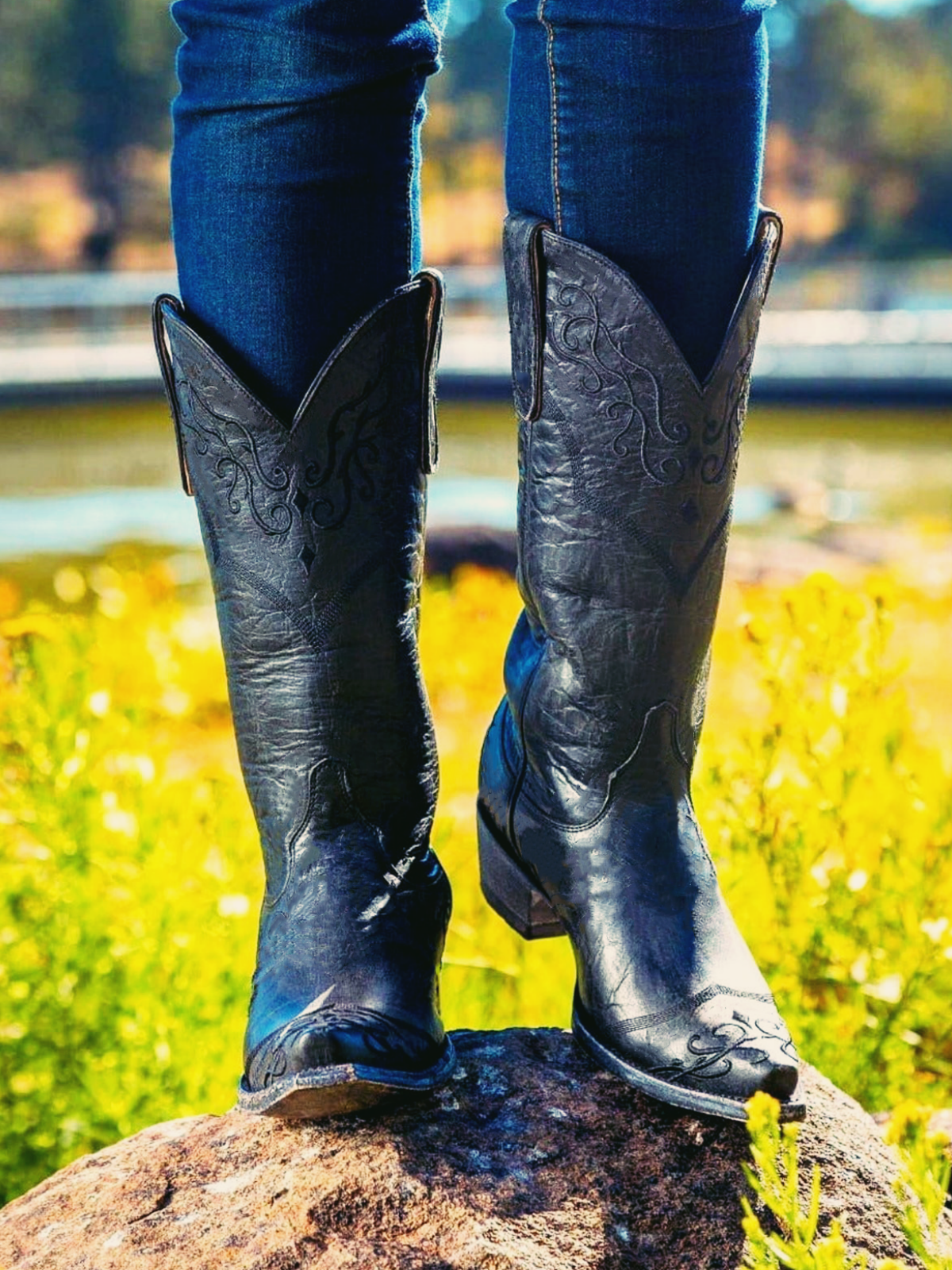 Black Crinkle Filigree Stitch Snip-Toe Western Wide Mid Calf Boots Cowgirl Boots