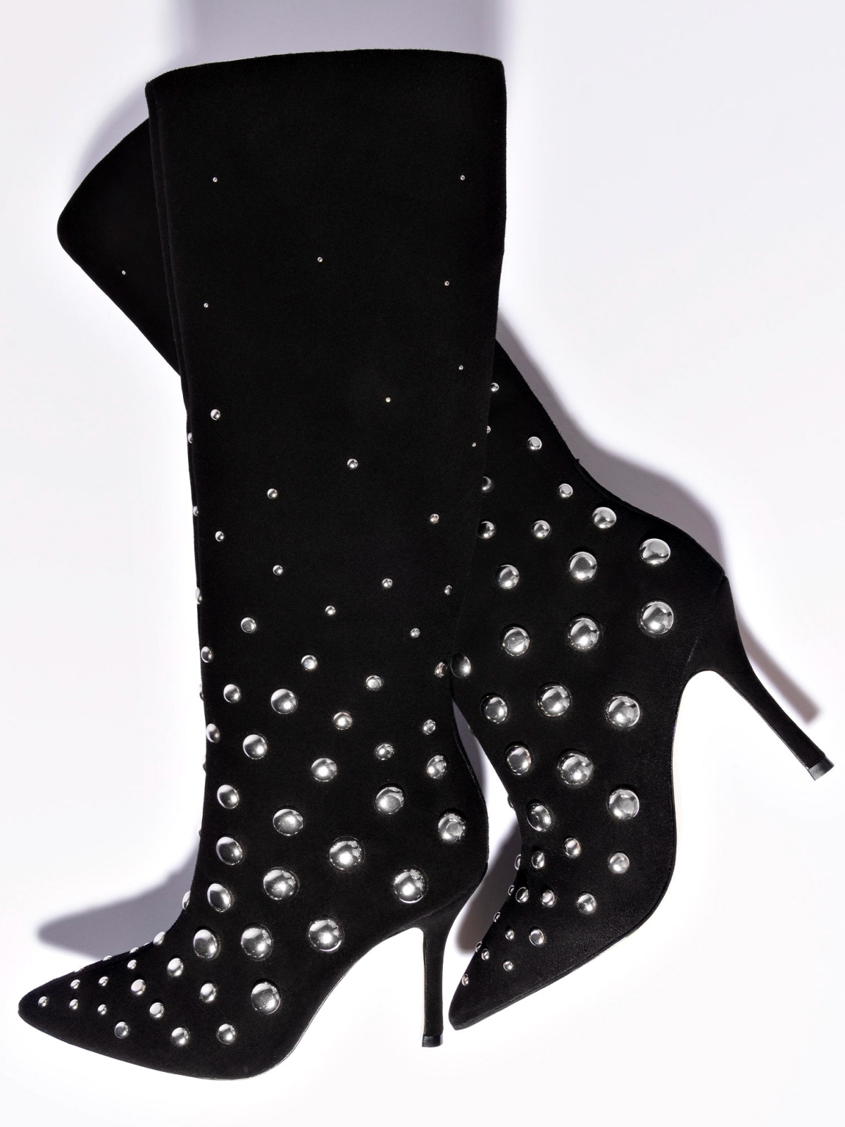 Black Faux Suede Pointed-Toe Wide Mid Calf Stiletto Boots With Studs