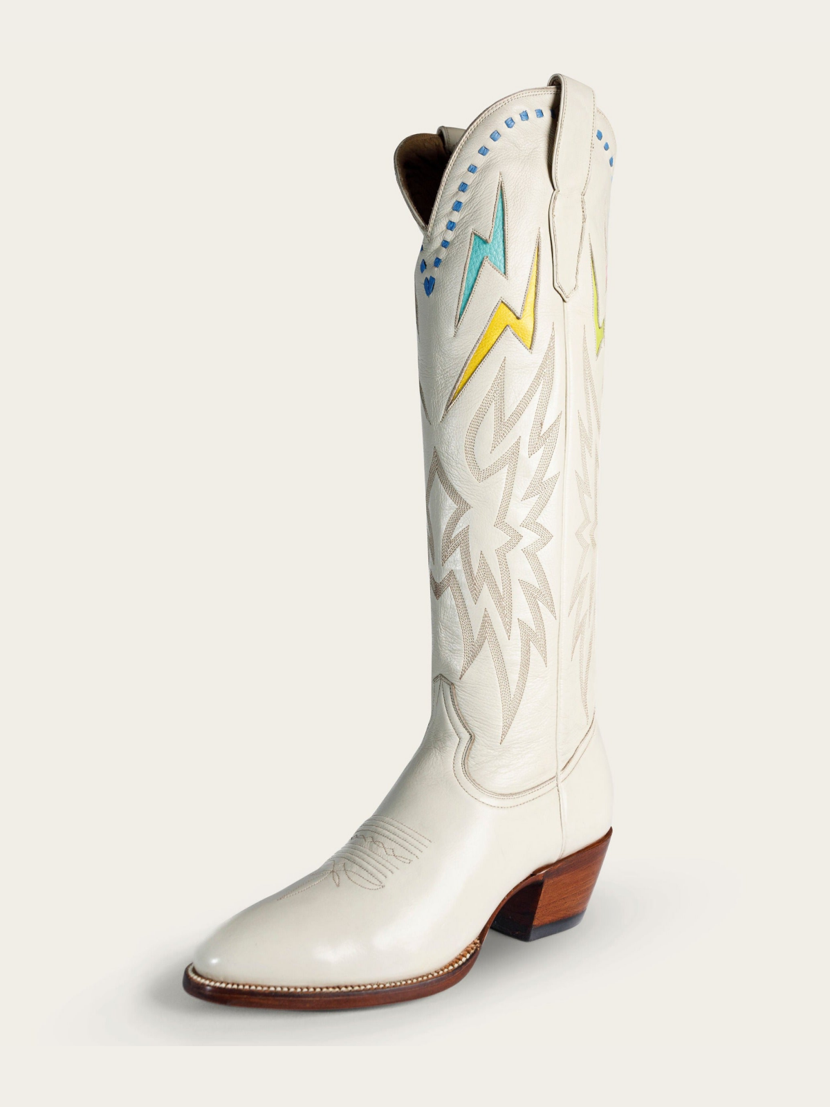 Rainbow Lightning Inlay Stitch Embroidery Almond-Toe Wide Mid Calf Cowgirl Boots - Ivory