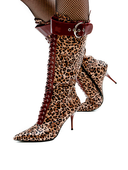 Leopard Fabric Pointed-Toe Patent Lace-Up Full-Zip Mid Calf Stiletto Boots