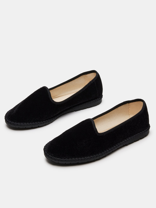 Velvet Round-Toe Slip-On Soft Loafer Flats - Black