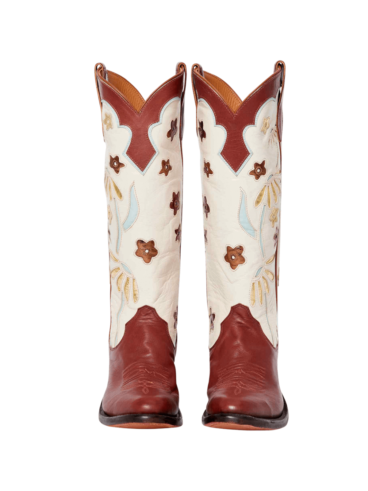 Contrast Caramel And Cream Round-Toe Metallic Flower Inlay Wide Mid Calf Cowgirl Boots