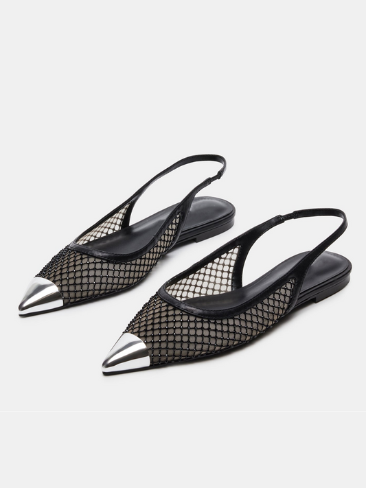 Black Fishnet Rhinestone Pointy Slingback Flats With Silver Toe Cap