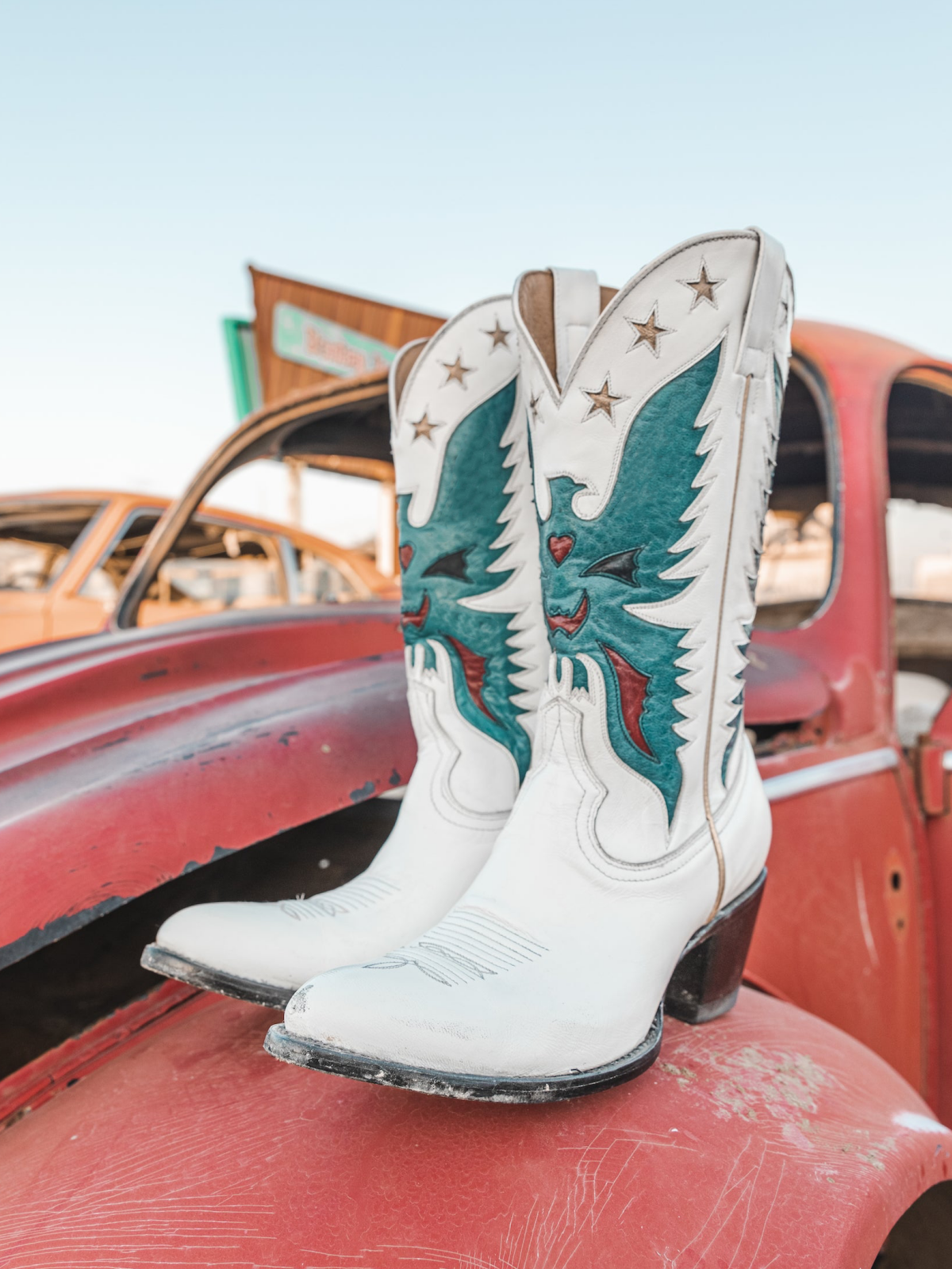 White Pointed-Toe Blue Eagle Star Inlay Wide Mid Calf Tall Cowgirl Boots