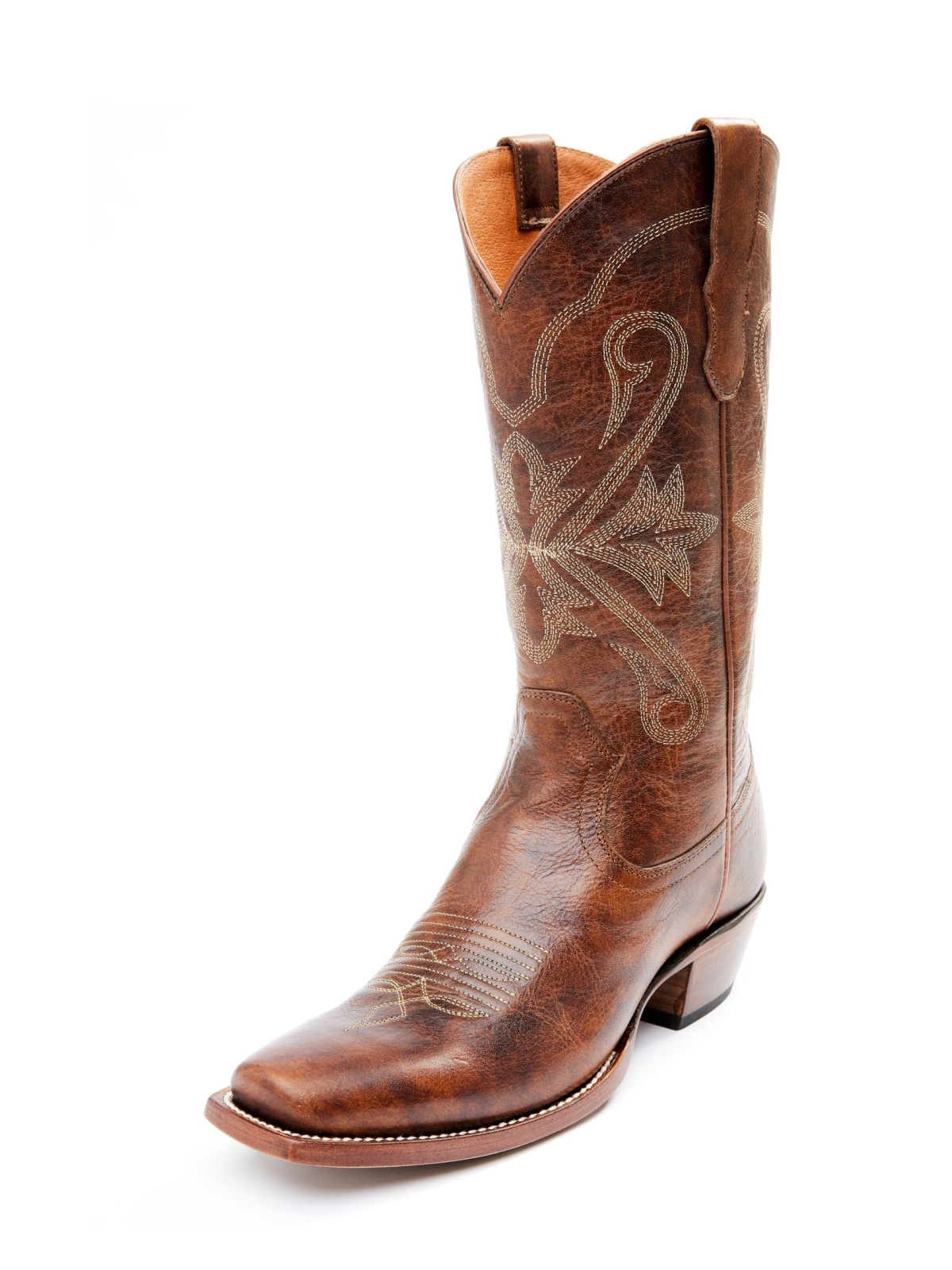 Distressed Brown Square-Toe Wide Mid Calf Tall Western Boots