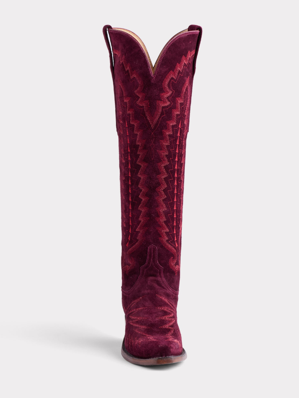 Wine Red Faux Suede Snip-Toe Western Embroidery Wide Calf Tall Knee High Cowgirl Boots