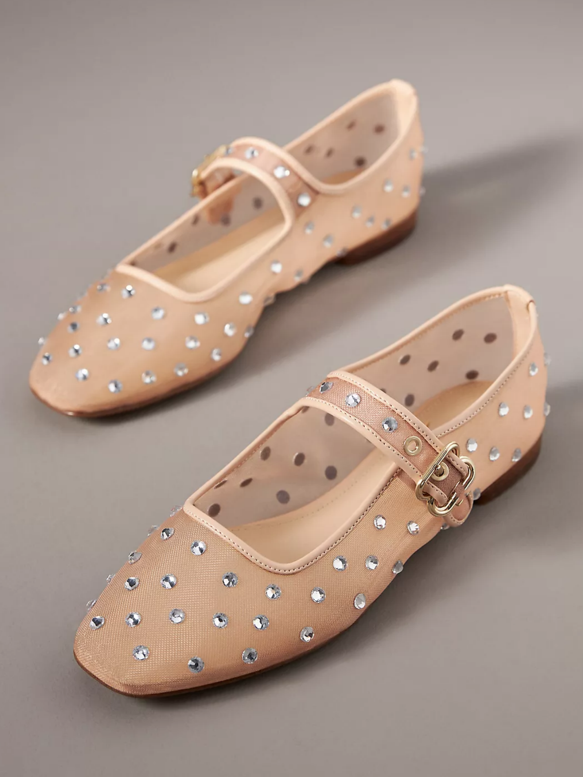 Beige Mesh Square-Toe Rhinestone Ballet Mary Janes Flats With Bridge Strap