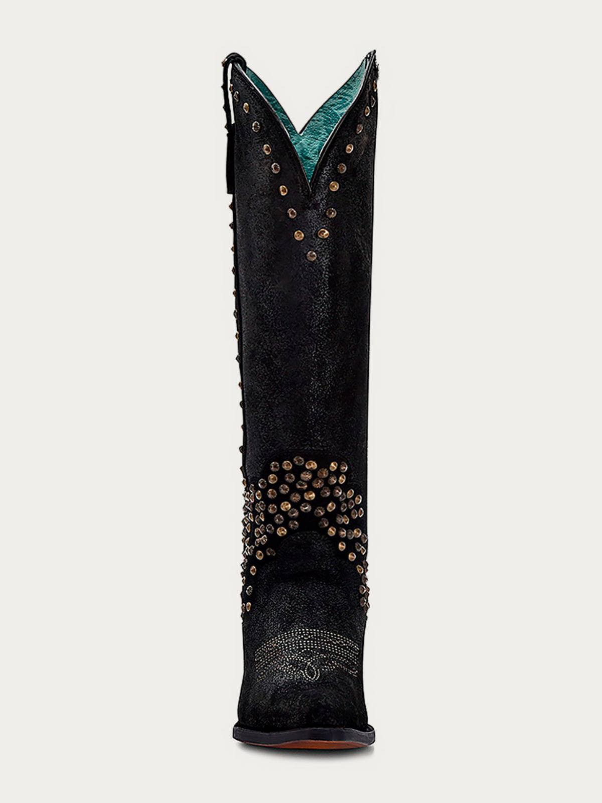 Black Pointed-Toe Studded Embroidery Wide Calf Tall Knee High Cowgirl Boots