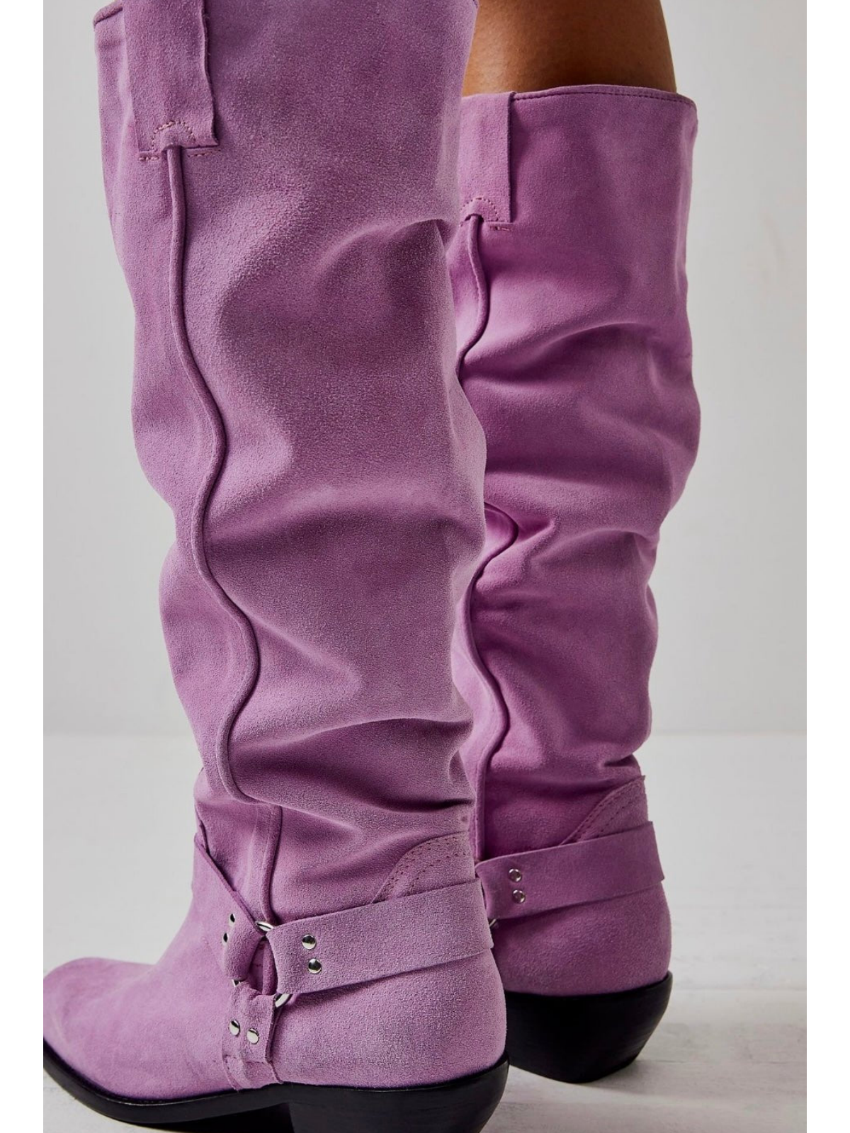 Faux Suede Square-Toe Wide Calf Tall Knee High Cowgirl Boots With Buckle - Lavender