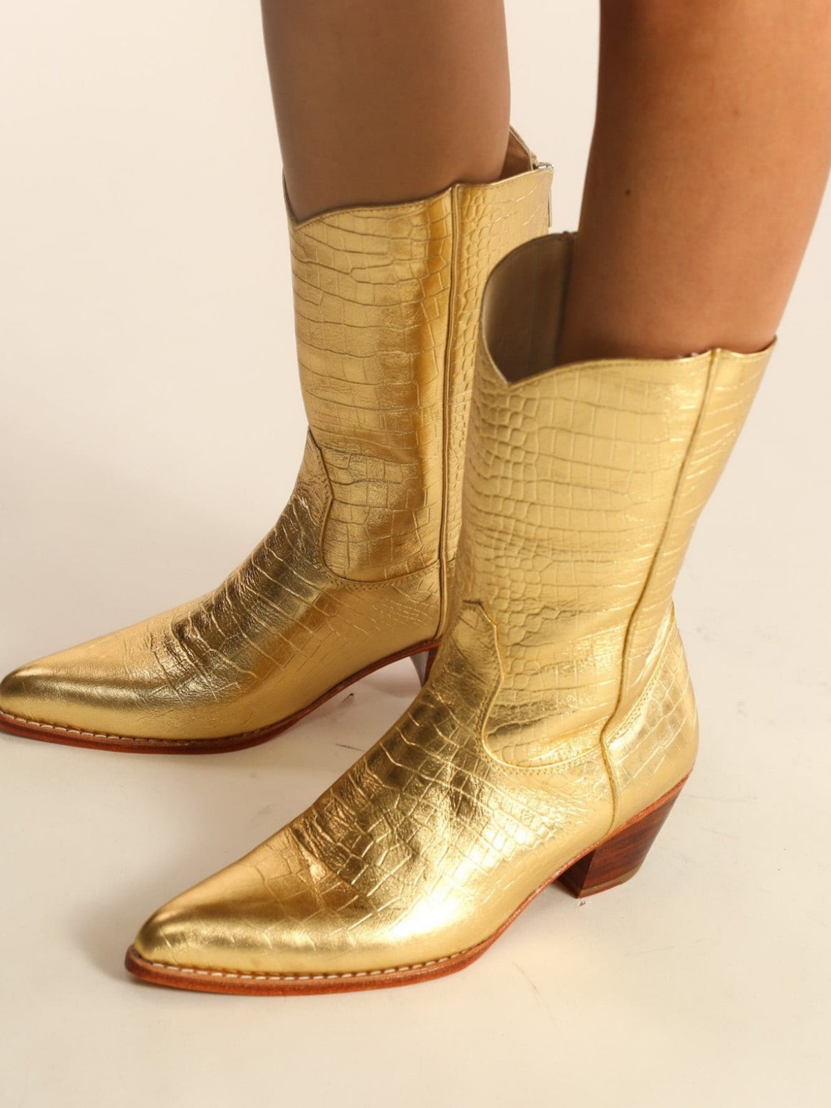 Metallic Gold Crocodile-Embossed Almond-Toe Back-Zip Mid Calf Cowgirl Boots