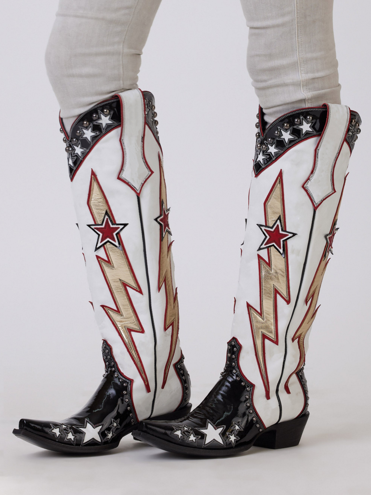 Contrast Black Patent And White Studded Star Lightning Wide Calf Knee High Tall Cowgirl Boots