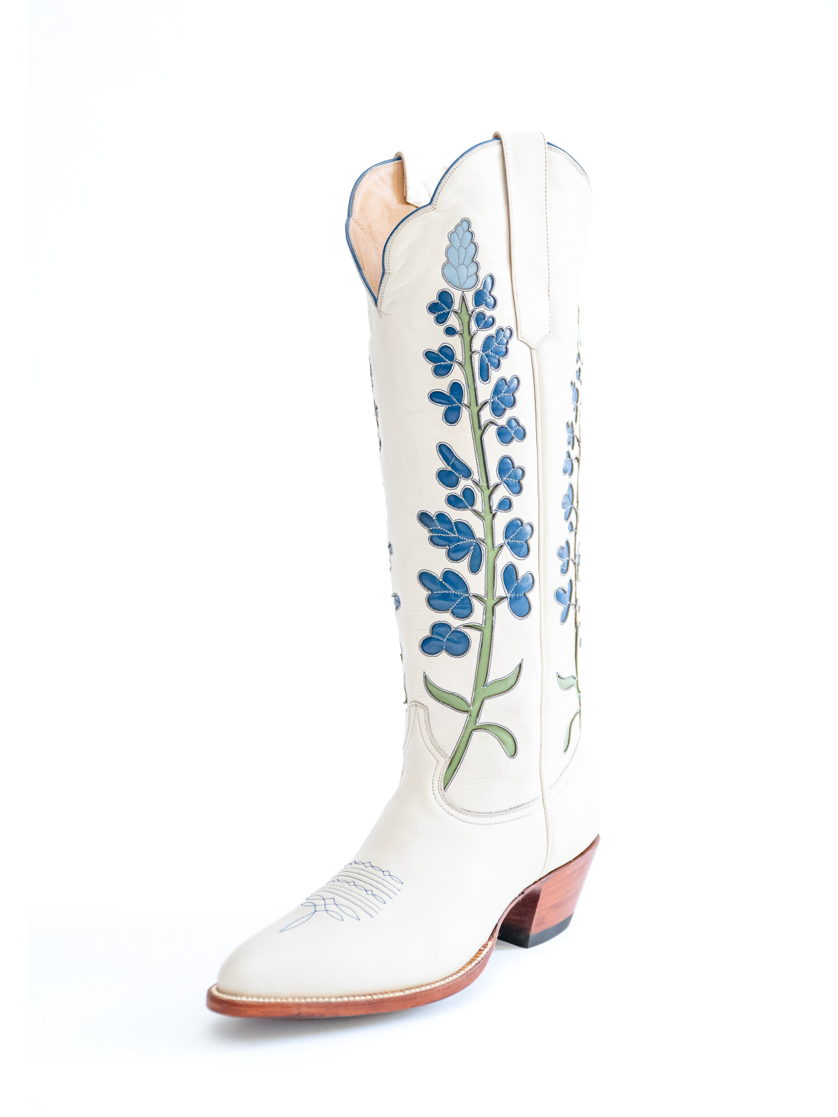 Ivory Almond-Toe Bluebonnet Inlay Wide Calf Tall Knee High Cowgirl Boots