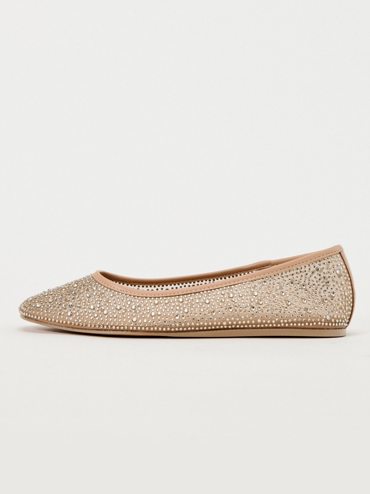 Nude Shiny Full-Embellished Rhinestone Strass Mesh Ballet Flats