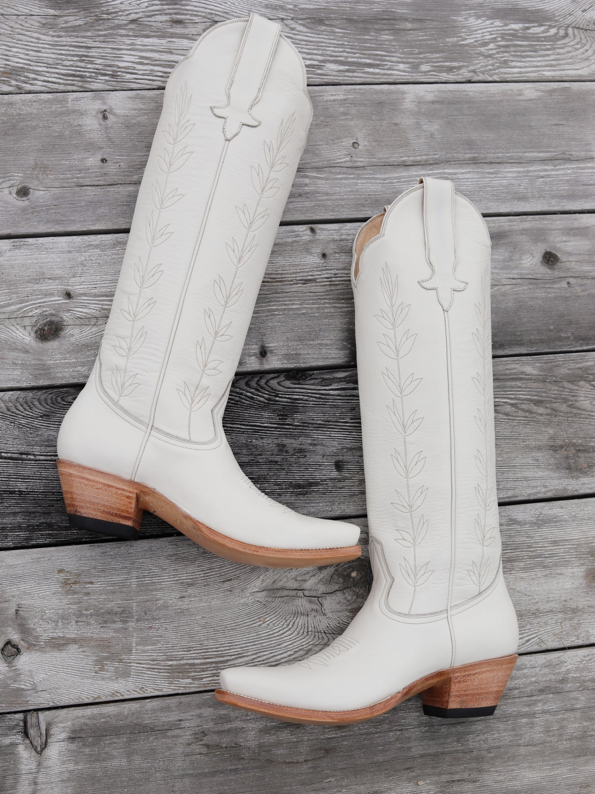 Snip-Toe Leaves Embroidery Wide Calf Knee High Cowgirl Boots - Ivory