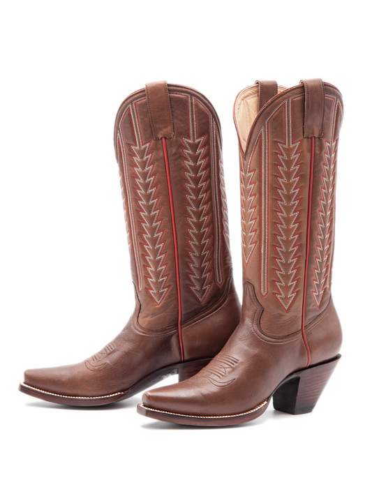 Brown Embroidery Snip-Toe Mid Calf Western Boots For Women