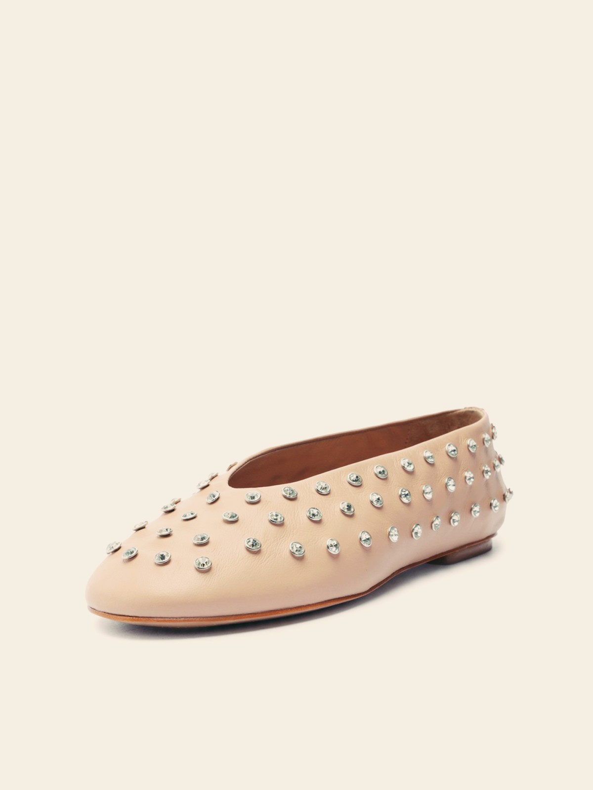 Beige Sparkle Rhinestone Round Toe Slip-On Flats