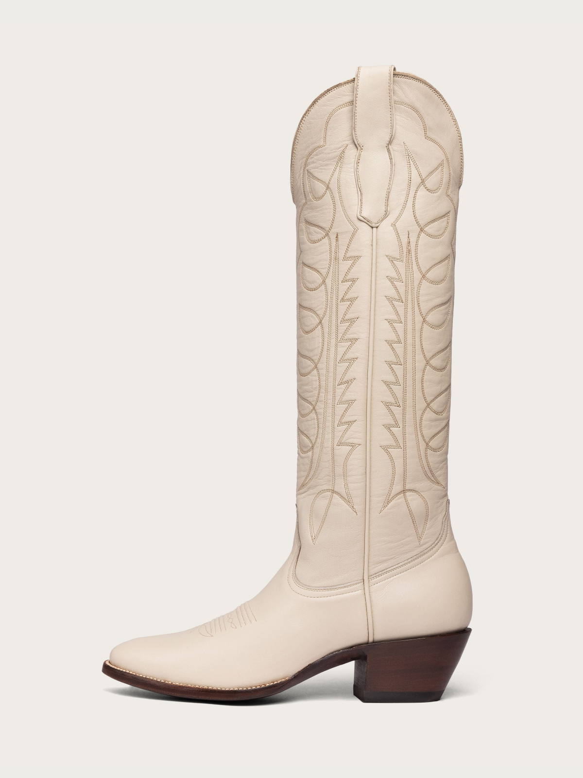 Bone Embroidery Almond-Toe Wide Mid Calf Tall Cowboy Boots For Women