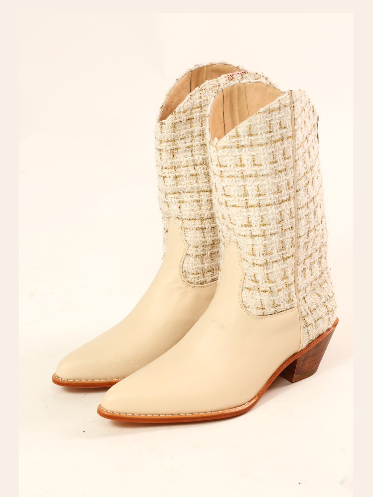 Beige Vegan Leather Contrast Plaid Fabric Back-Zip Mid Calf Cowgirl Boots