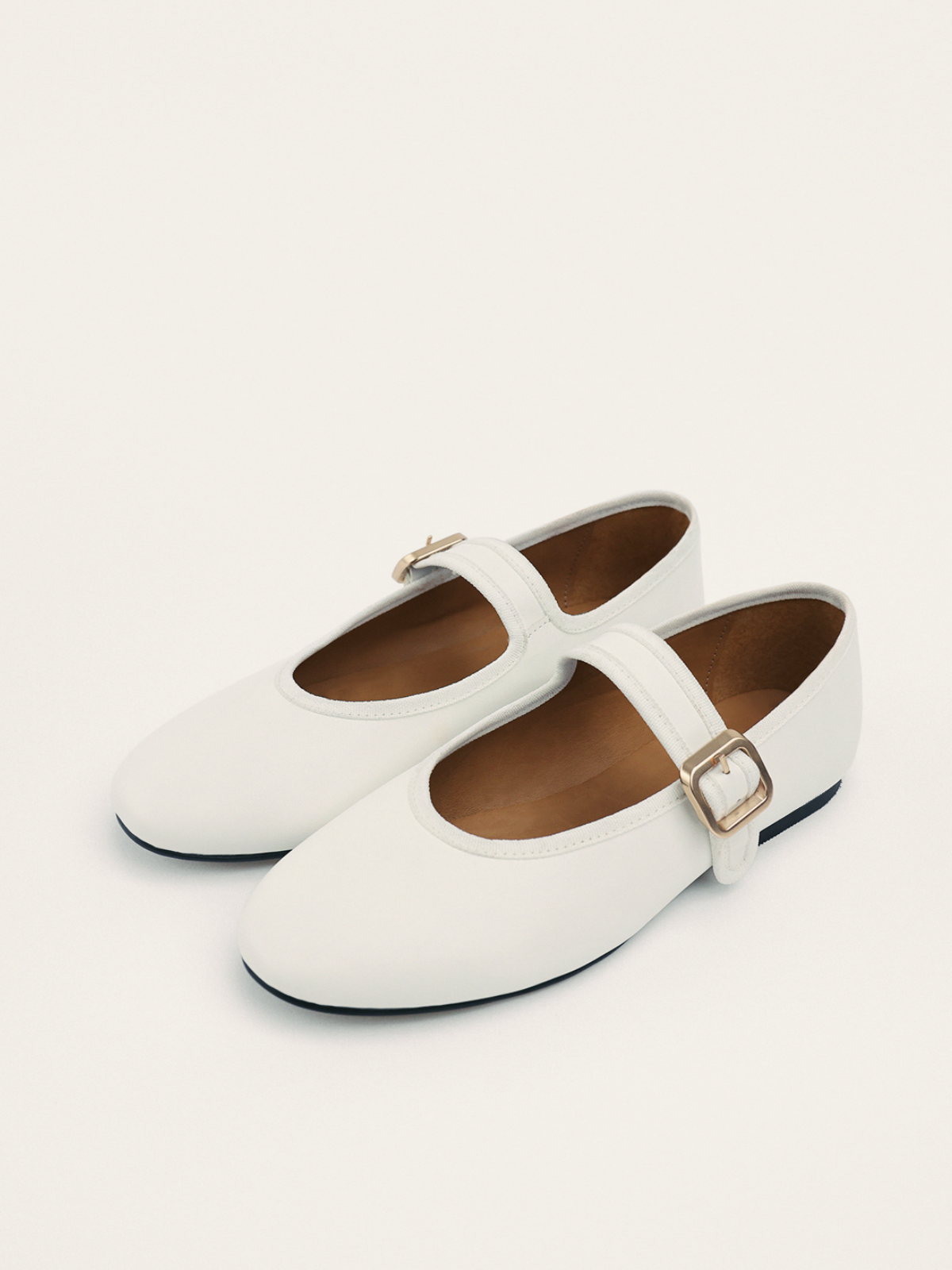 White Buckled Detailed Oval Ballet Flats Mary Janes With Wide Strap