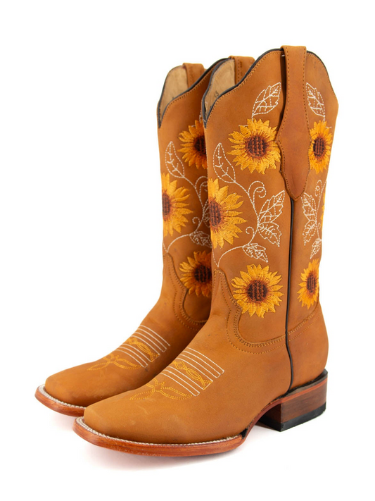 Honey Square-Toe Sunflower Embroidery Wide Mid Calf Cowgirl Boots