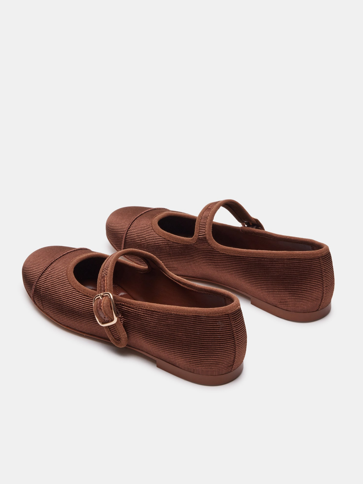 Brown Cloth Round-Toe Bridge Strap Side Buckle Mary Janes Ballet Flats